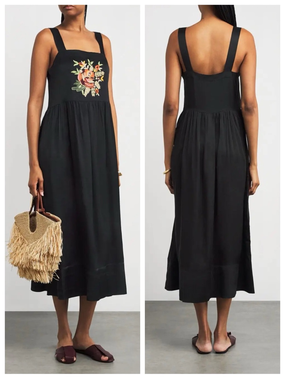 THE GREAT. The Day Midi Dress in Black w/ Floral Embroidery, Med/Lg, Stunning!!!